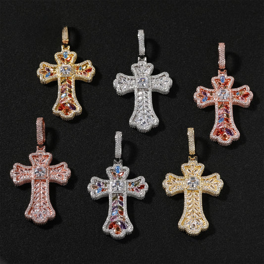 Iced Out Cross Pendant Necklace for Women and Men – Cubic Zirconia Twisted Chain in Gold, Silver & Rose Gold