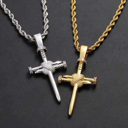 Iced Out Cross Nail Pendant Necklace for Men and Women - Hip Hop Cuban Chain Style Cubic Zirconia Necklace