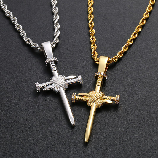 Iced Out Cross Nail Pendant Necklace for Men and Women - Hip Hop Cuban Chain Style Cubic Zirconia Necklace product image