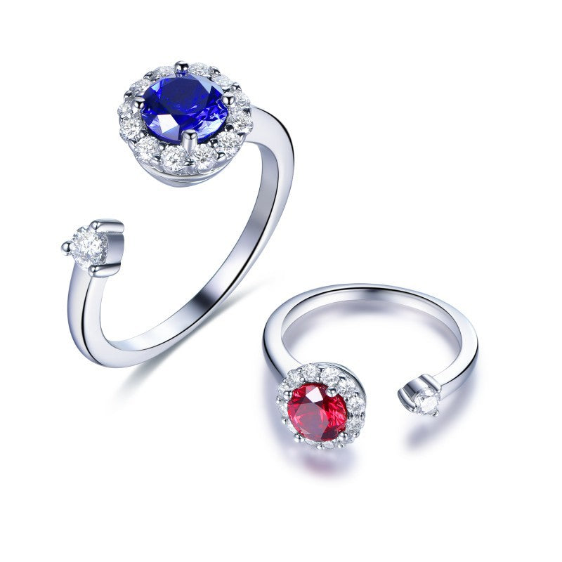 Open Halo Moissanite Ring with Round Blue or Red Center Stone, Adjustable Wrap Ring for Women product image