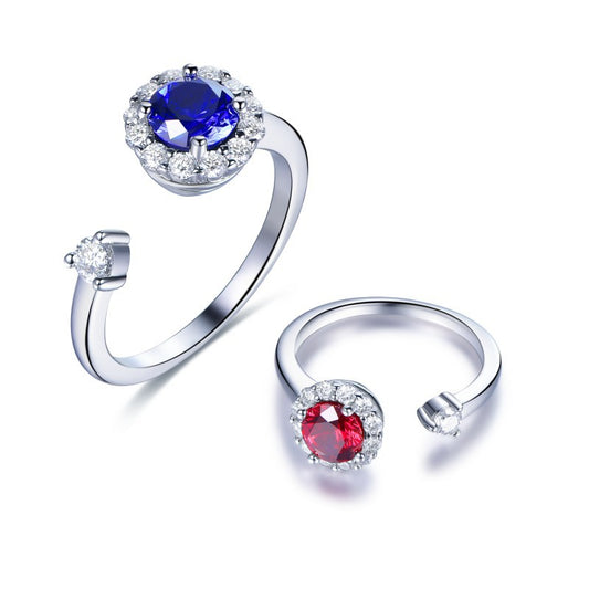 Open Halo Moissanite Ring with Round Blue or Red Center Stone, Adjustable Wrap Ring for Women product image