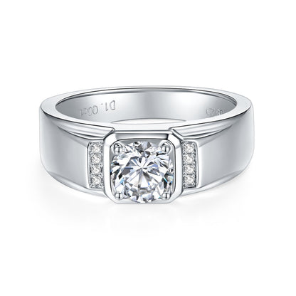Men’s 1 Carat Moissanite Ring, 18K Gold Plated Wedding Band with Round Center Stone and Side Accents