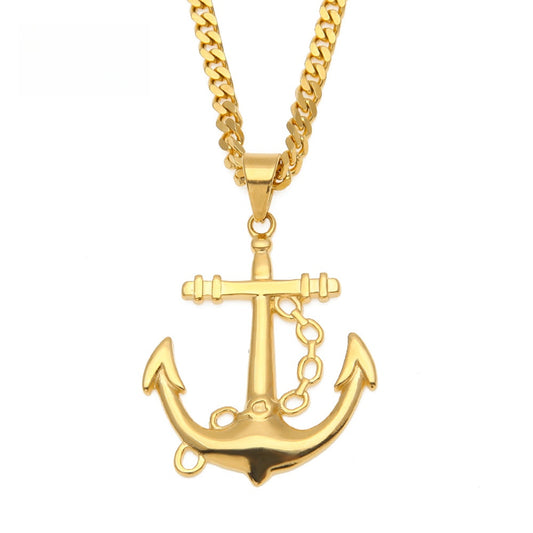 Gold Plated Stainless Steel Anchor Pendant Necklace with 5mm Cuban Chain for Women & Men