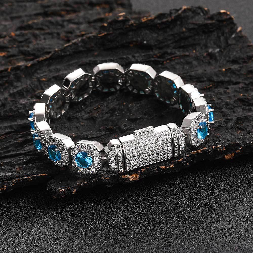 12 mm Blue Round Halo CZ Link Hip Hop Bracelet with Copper Base - CHA190 product image