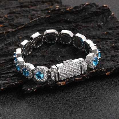 12 mm Blue Round Halo CZ Link Hip Hop Bracelet with Copper Base - CHA190