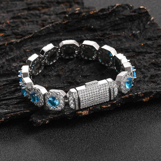 12 mm Blue Round Halo CZ Link Hip Hop Bracelet with Copper Base - CHA190 product image