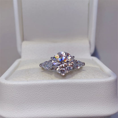 3 Carat Moissanite Ring for Women, Three-Stone Engagement Ring with Round Center and Pear Side Stones