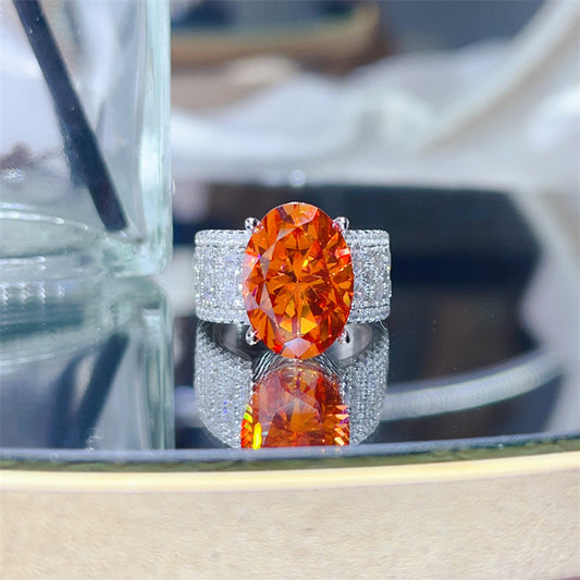 Oval Orange Moissanite Halo Ring for Women, Wide Pave Engagement Ring