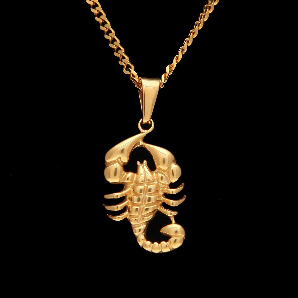Gold Plated Stainless Steel Scorpion Pendant Necklace with 3mm Cuban Chain, Hip Hop Statement Animal Charm Necklace