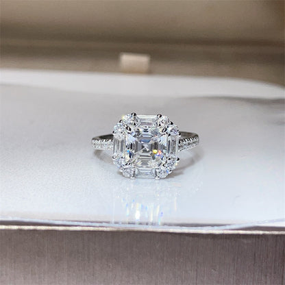 Asscher Cut Moissanite Halo Ring for Women, Geometric Engagement Ring