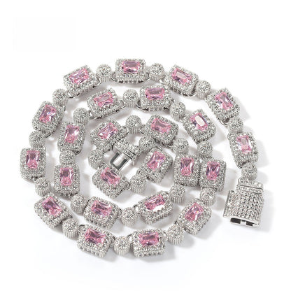 Unisex Iced Out Rectangle Cubic Zirconia Necklace – Gold or Silver Tone Pink/White Stone Chain, 16/18/20 Inch