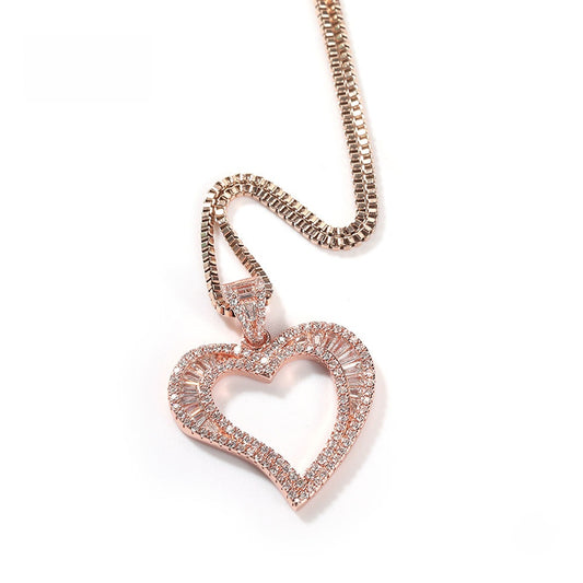 Unisex Heart Pendant Necklace with Cubic Zirconia Box Chain - Gold, Silver & Rose Gold Tone