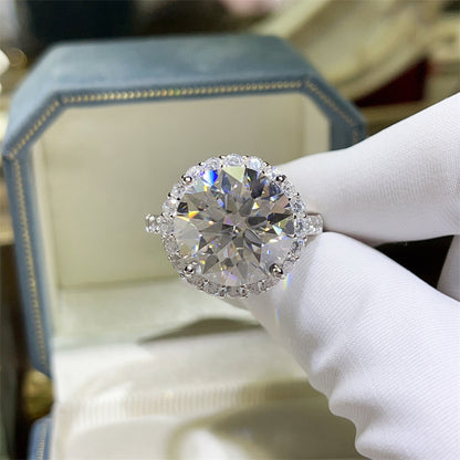 10 Carat Moissanite Halo Ring for Women - Round Cut Engagement Ring with Pavé Band