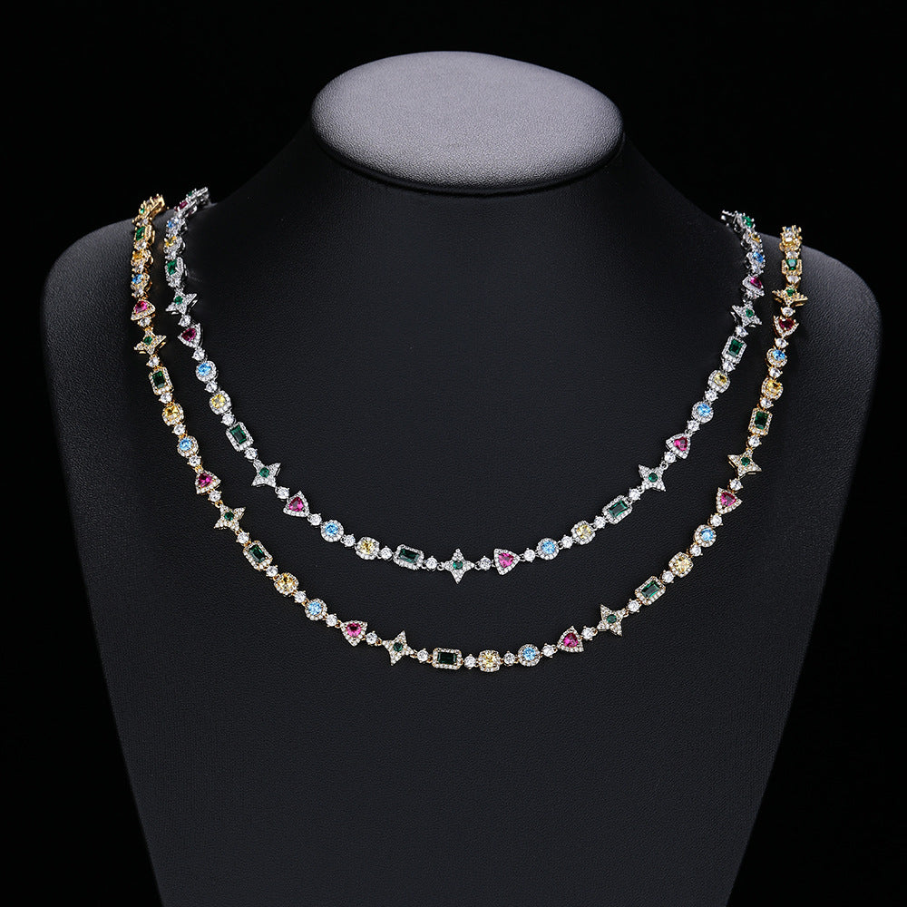 Colorful Cubic Zirconia Geometric Link Chain Necklace, Unisex Hip Hop Style, Copper product image