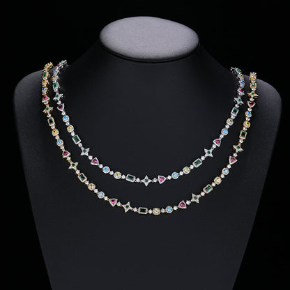 Colorful Cubic Zirconia Geometric Link Chain Necklace, Unisex Hip Hop Style, Copper