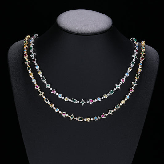 Colorful Zircon Geometric Link Chain Necklace, Unisex Hip Hop Style, Copper