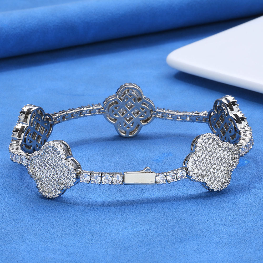 Clover Pave CZ Tennis Hip Hop Bracelet with Silver Base - CHA281 product image