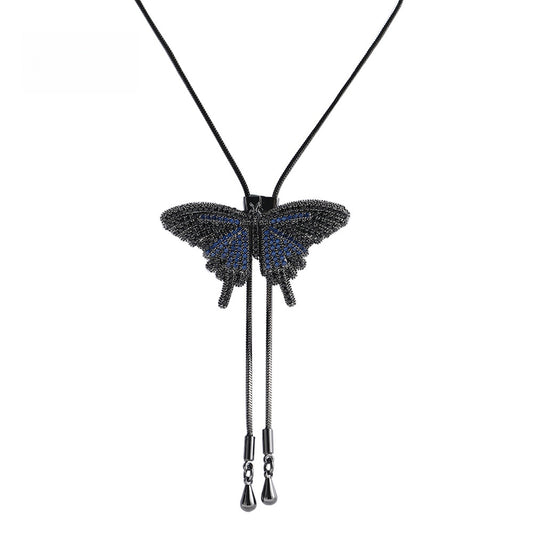 Unisex Hip Hop Butterfly Pendant Necklace with Cubic Zirconia Long Chain Statement Jewelry