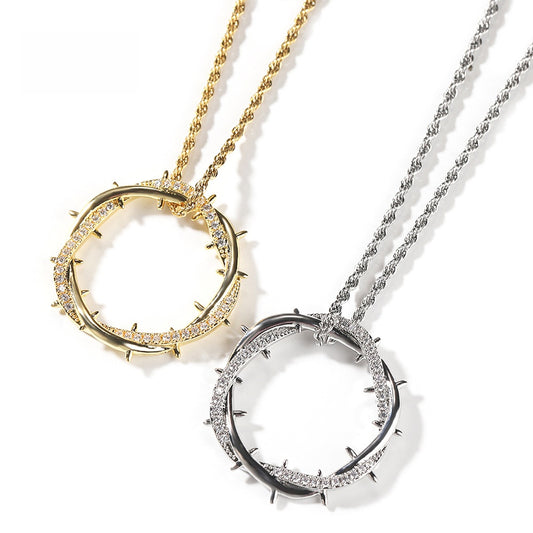 Crown Thorn Circle Pendant Necklace with Cubic Zirconia Rope Chain for Women