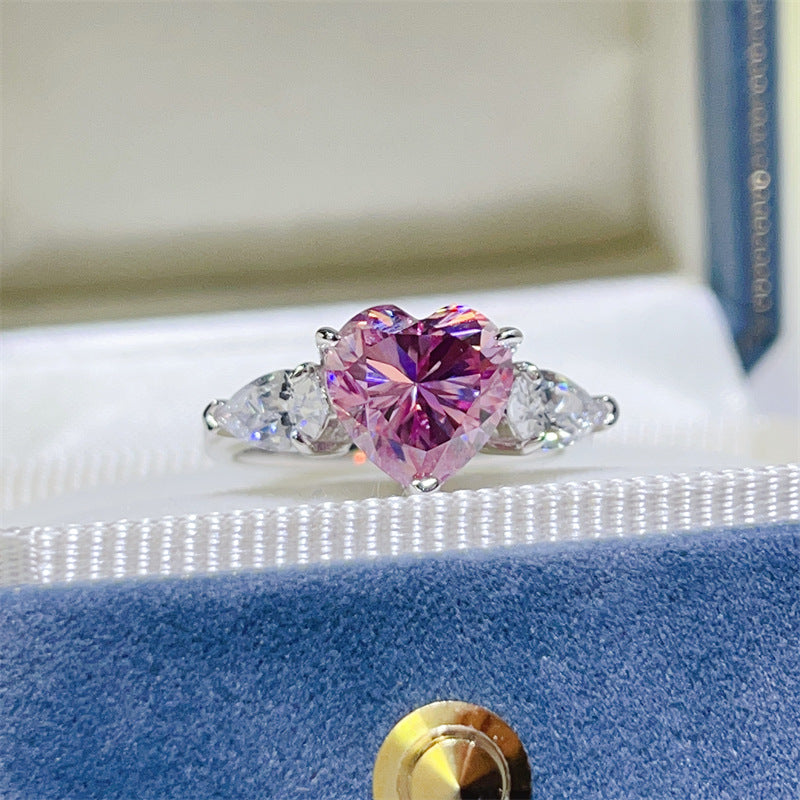 Pink Heart Moissanite Ring for Women, Three-Stone Engagement Ring, Promise Ring Gift product image