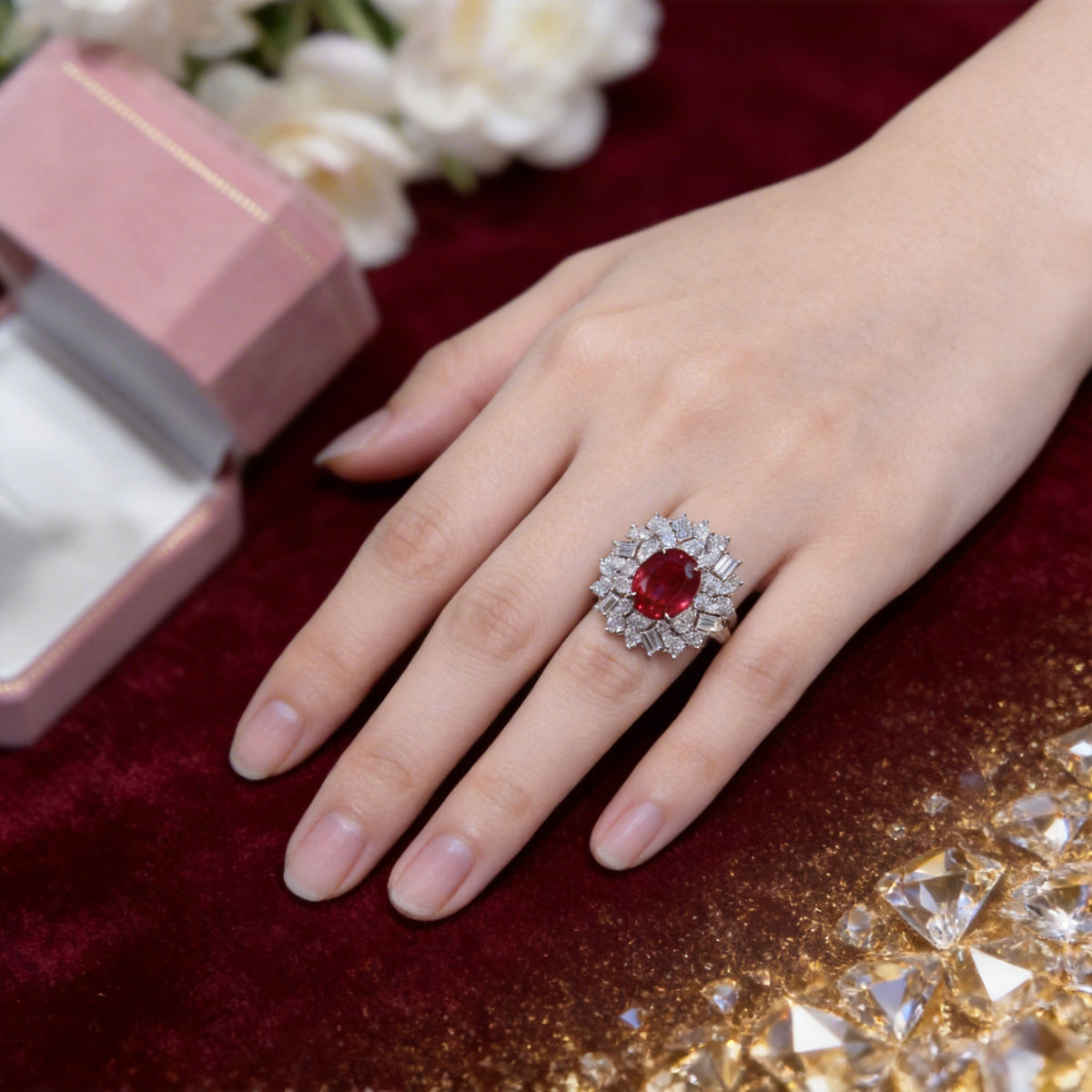 3 Carat Lab Grown Red Ruby Halo Ring for Women, Oval Statement Ring product image