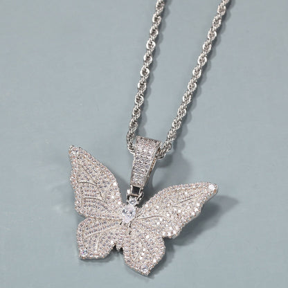 Iced Out Butterfly Pendant Necklace with Cubic Zirconia Chain for Women and Men