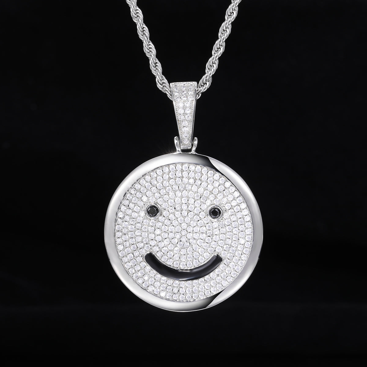 Iced Out Smiley Face Pendant Necklace, Rope Chain Hip Hop Zircon Jewelry product image