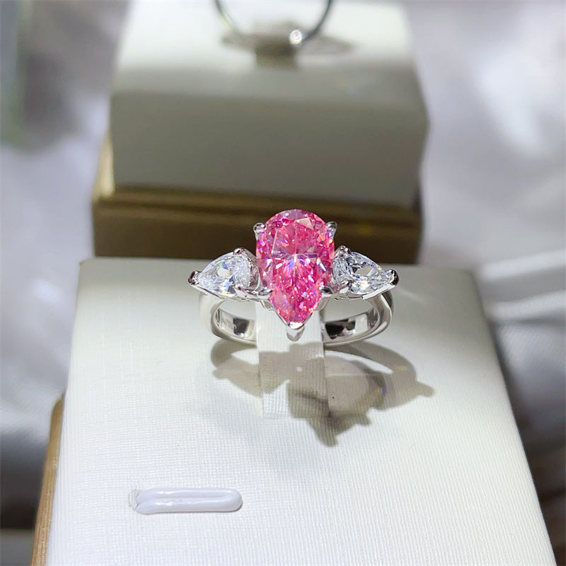 Pink Pear Cut Moissanite Ring for Women - Three Stone Engagement Style Ring, 1 Carat 2 Carat 3 Carat product image
