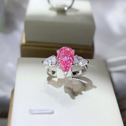 Pink Pear Cut Moissanite Ring for Women - Three Stone Engagement Style Ring, 1 Carat 2 Carat 3 Carat