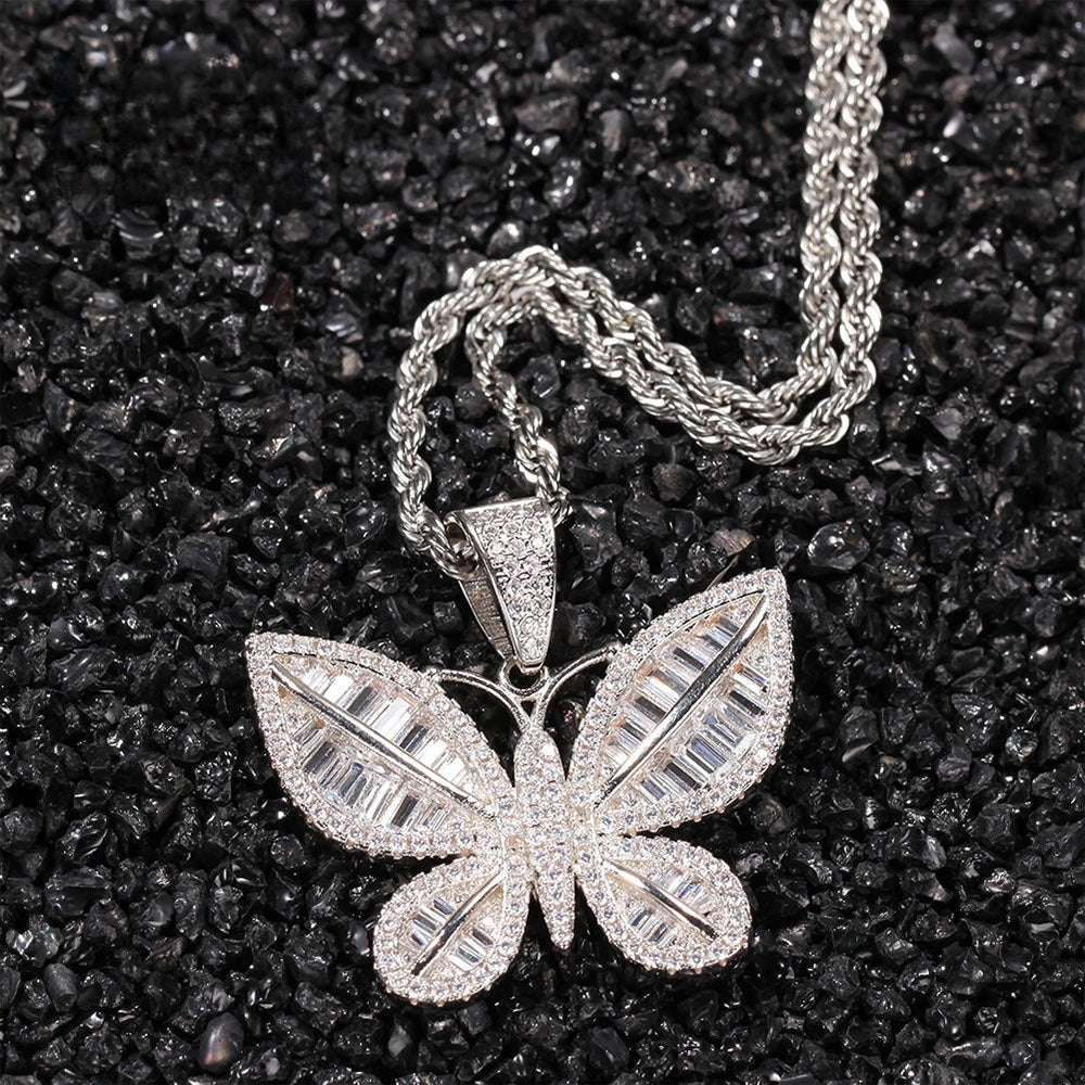 Butterfly Cubic Zirconia Pendant Necklace for Women & Men – Gold Plated or Silver Plated Chain Necklace in Twisted Rope or Cuban Chain product image