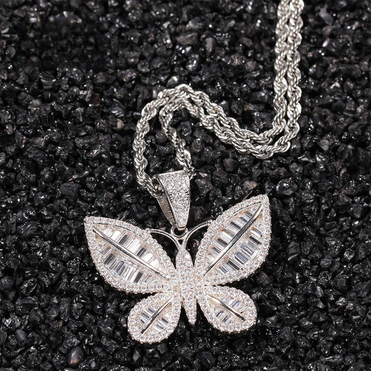 Butterfly Cubic Zirconia Pendant Necklace for Women & Men – Gold Plated or Silver Plated Chain Necklace in Twisted Rope or Cuban Chain