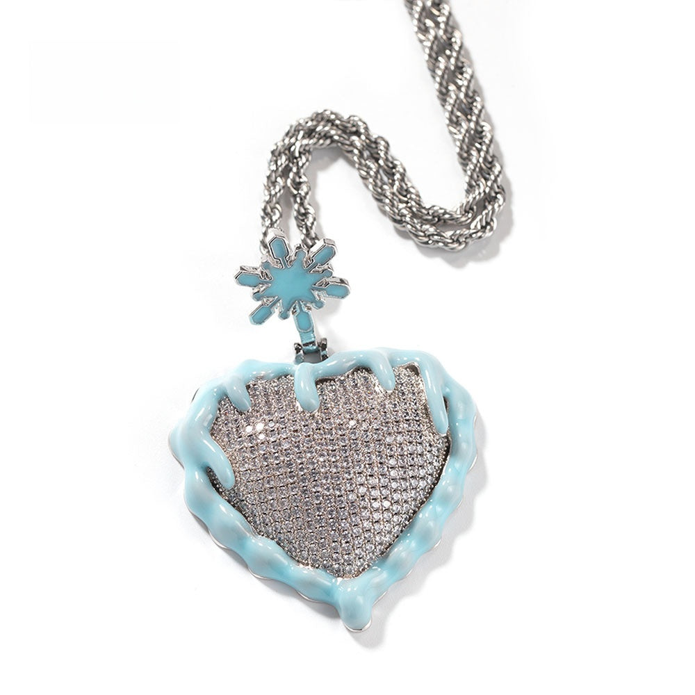Iced Drip Heart Pendant Necklace with Twisted Rope Chain, Hip Hop Copper Statement Necklace for Men & Women