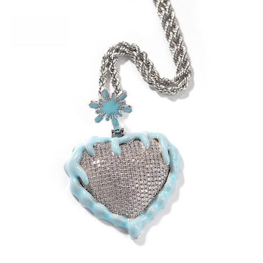Iced Drip Heart Pendant Necklace with Twisted Rope Chain, Hip Hop Copper Statement Necklace for Men & Women