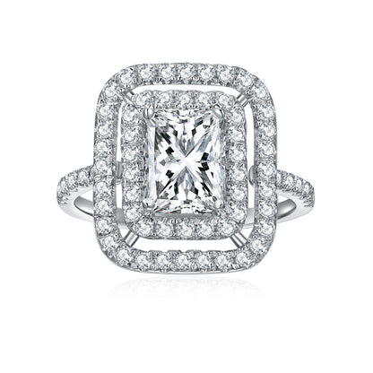2 Carat Radiant Cut Moissanite Double Halo Ring, 925 Silver 18K Gold Plated