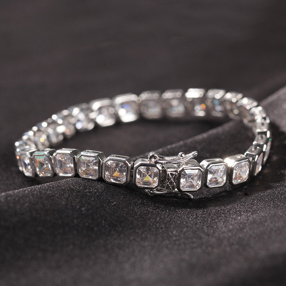 Men’s Iced Out Cubic Zirconia Chain Bracelet in Gold or Silver Tone, Square Stone Hip Hop Statement Bracelet, 7 Inch & 8 Inch