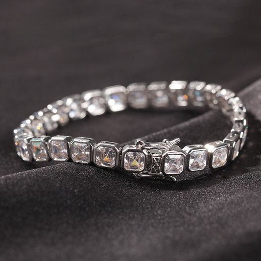 Men’s Iced Out Cubic Zirconia Chain Bracelet in Gold or Silver Tone, Square Stone Hip Hop Statement Bracelet, 7 Inch & 8 Inch