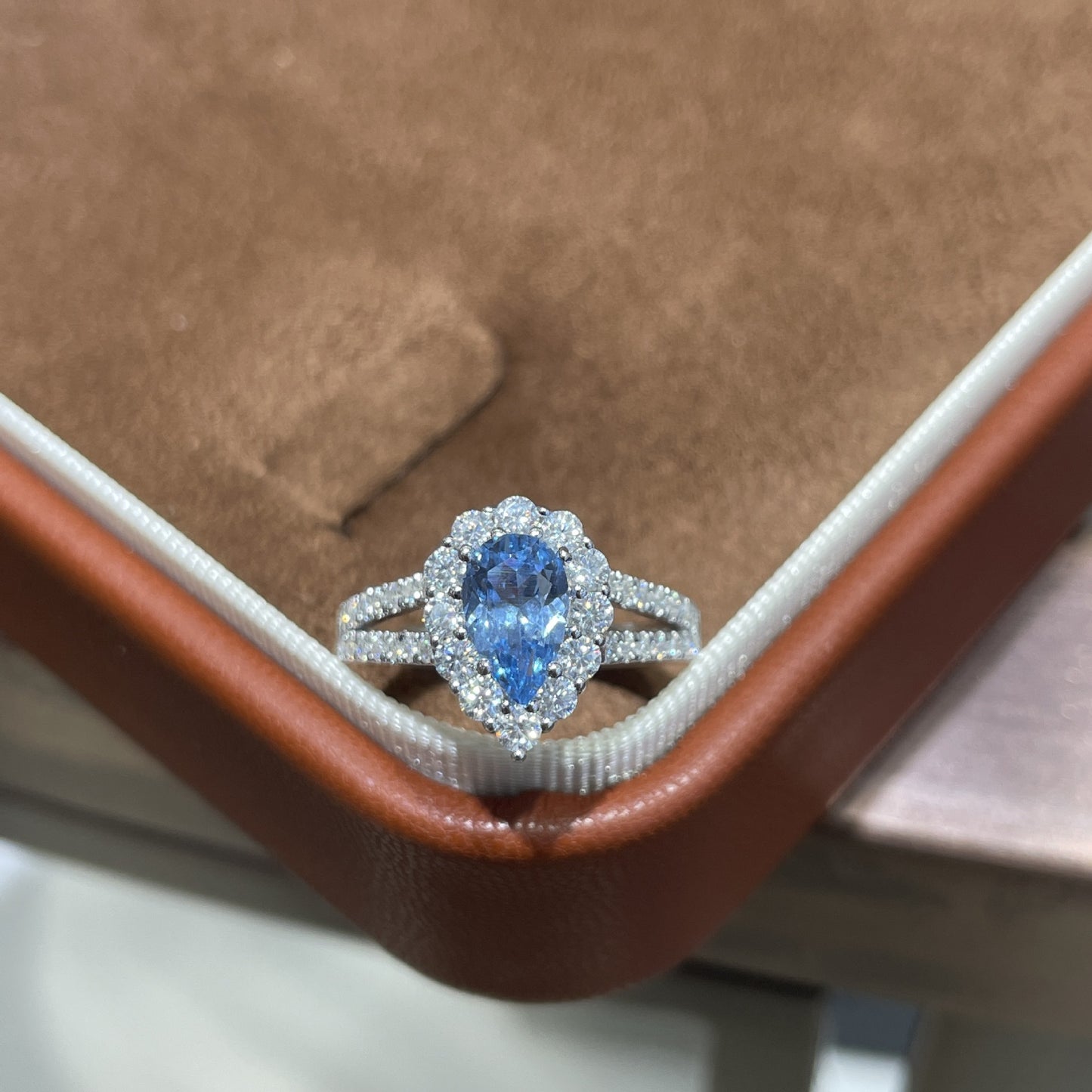 925 Silver Blue Teardrop Halo Ring for Women, Split Shank Promise Ring product image