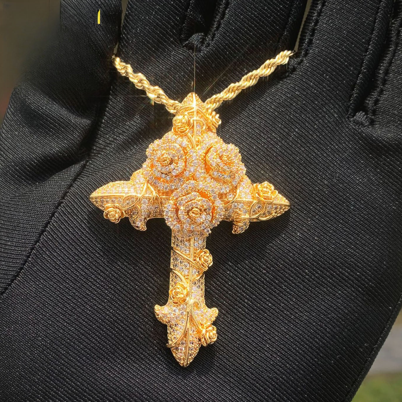 Iced Rose Cross Pendant Necklace
