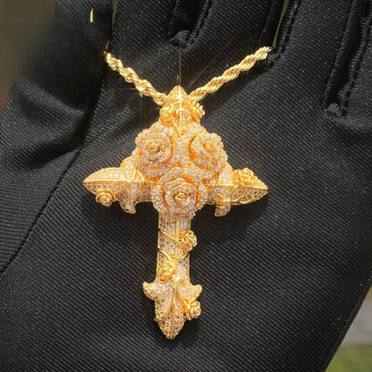 Iced Rose Cross Pendant Necklace