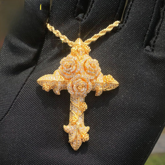 Iced Rose Cross Pendant Necklace