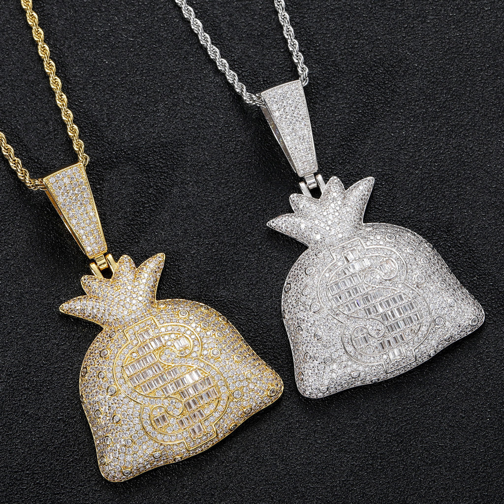 Hip Hop Dollar Money Bag Copper Pendant Necklace for Men and Women