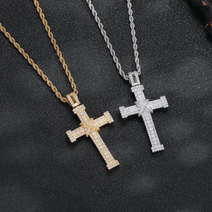 Rope Chain Cross Pendant Necklace, Iced Out Hip Hop Cross Charm, Unisex Statement Jewelry