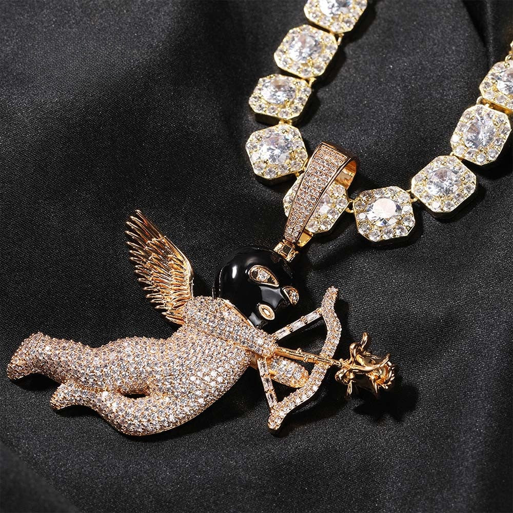 Iced Angel Pendant Necklace for Women and Men – Gold Plated or Silver Plated Hip Hop Chain with Cubic Zirconia