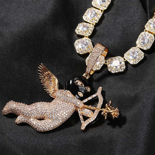 Iced Angel Pendant Necklace for Women and Men – Gold Plated or Silver Plated Hip Hop Chain with Cubic Zirconia