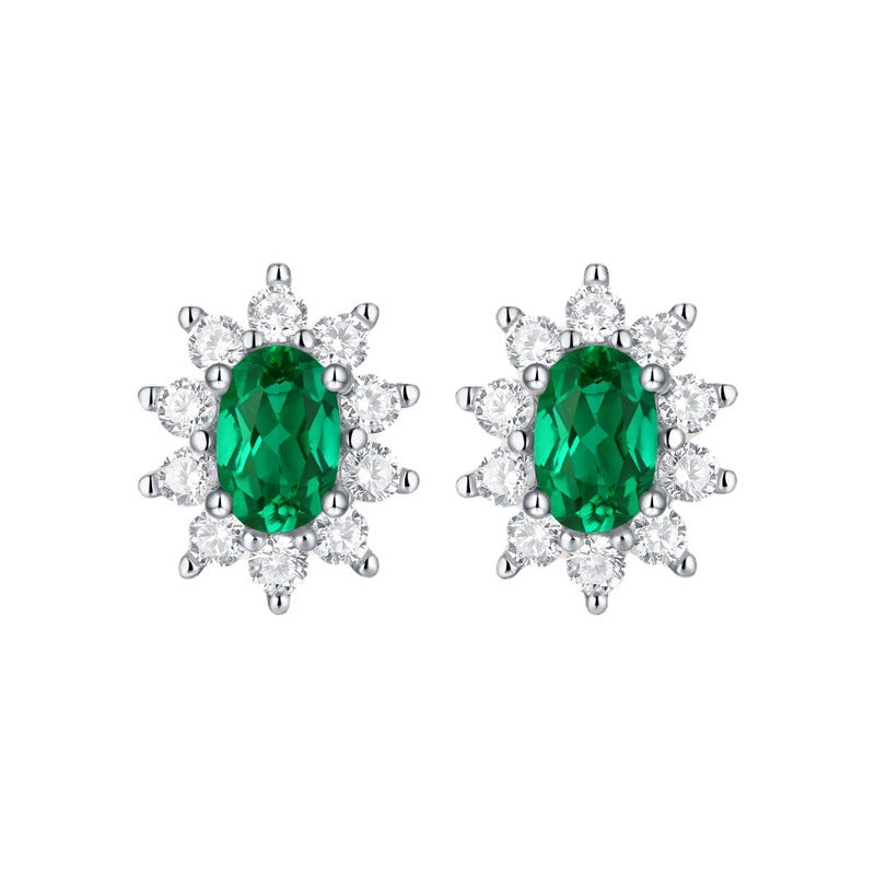 Lab-Created Emerald Oval Halo Stud Earrings, S925 Silver product image