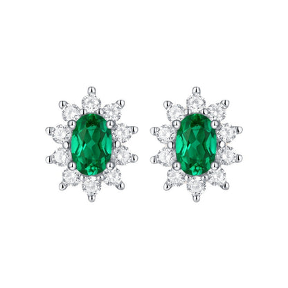 Lab-Created Emerald Oval Halo Stud Earrings, S925 Silver