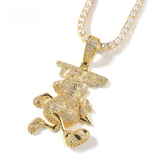 Iced Out Cartoon Pendant Necklace for Women and Men - Cubic Zirconia Hip Hop Statement Chain in Gold or Silver, 24 Inch Twist Chain