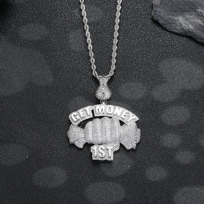 GET MONEY Hip Hop Money Bag Pendant Necklace, Rope Chain, Cubic Zirconia Accent