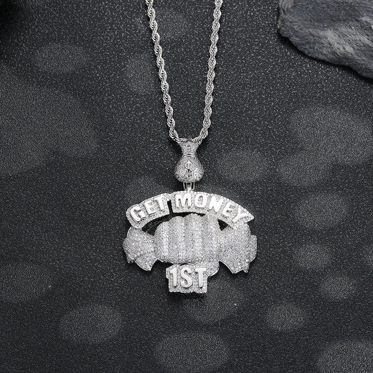 GET MONEY Hip Hop Money Bag Pendant Necklace, Rope Chain, Zircon Accent