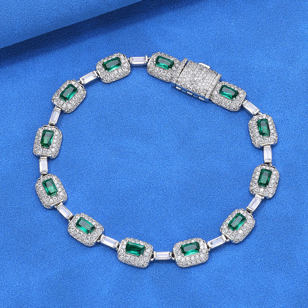 Green Rectangular Halo CZ Link Hip Hop Bracelet with Copper Base - CHA310 product image